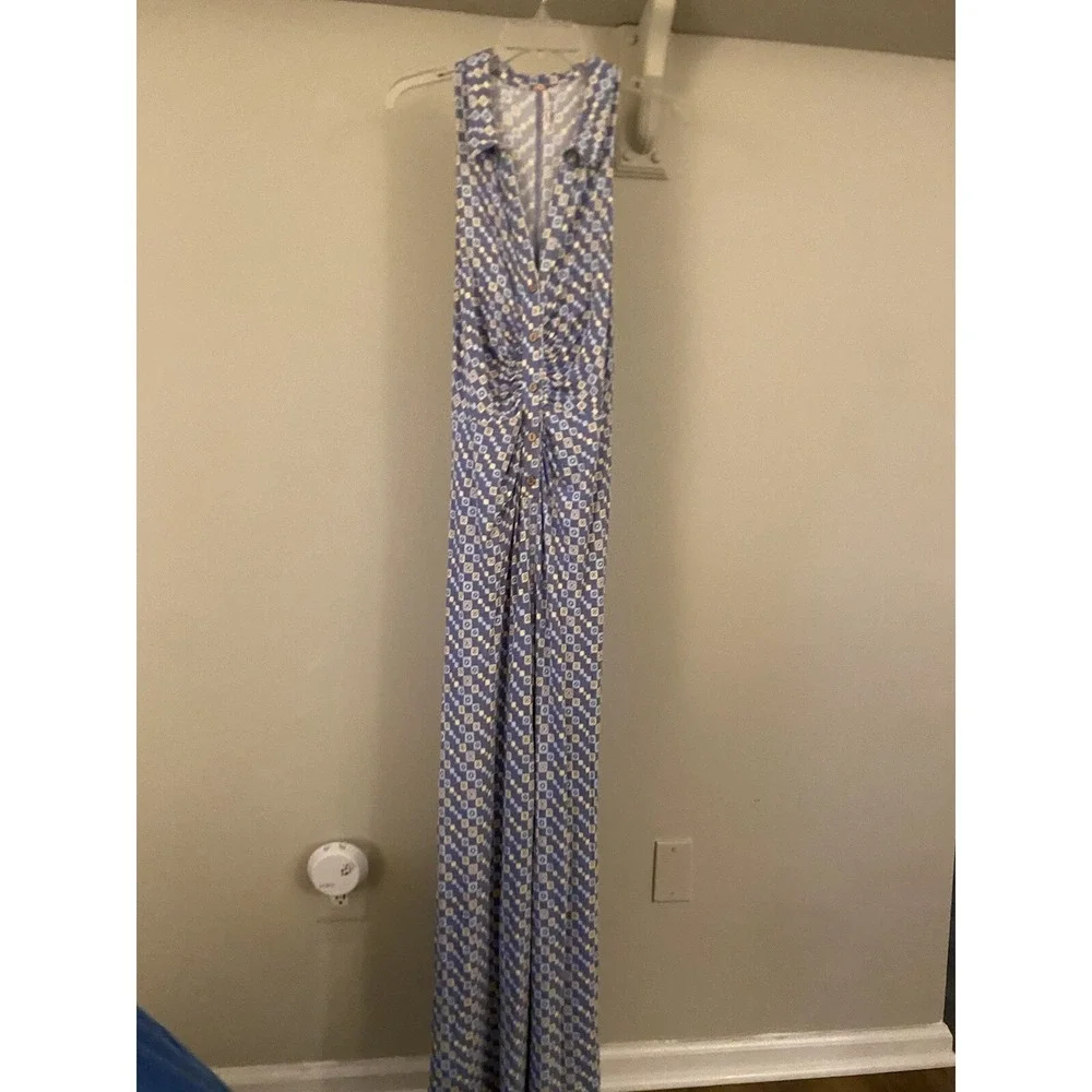 Free People Shayla‎ Blue & Yellow Wide Leg Jumpsuit S